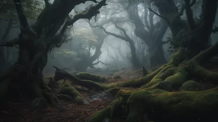 Fototapeten A mist-covered ancient forest landscape, towering trees with twisted branches © Melvin
