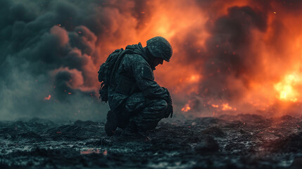 The Praying Soldier, on the battlefield - obrazy, fototapety, plakaty