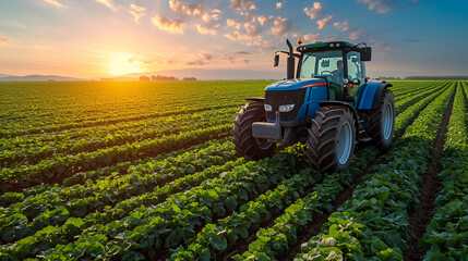 Modern blue tractor machinery plowing agricultural field meadow at farm at spring autumn during sunset. Farmer cultivating,make soil tillage before seeding plants,crops,nature countryside rural scene. - obrazy, fototapety, plakaty