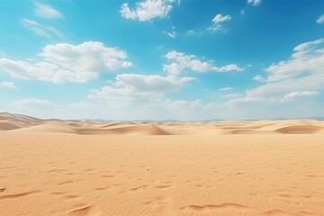 Fototapeta na wymiar Dry desert landscape. Hot lifeless sand of desert and blue sky in summer sunny day. Flat desert of Egypt. Travel and tourism concept.