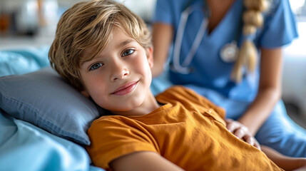 Little Boy lying in hospital ward