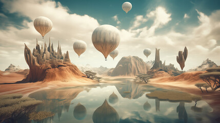
A surreal desert landscape with floating islands suspended in the sky, exotic creatures gliding between them, a surreal celestial backdrop,