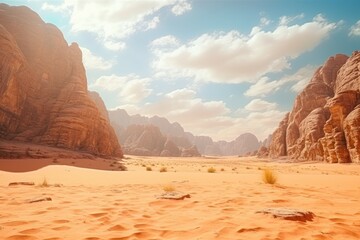 Jordanian desert of Wadi Rum in Jordan. Wadi Rum is known as the Valley of the Moon and the UNESCO World Heritage List. - obrazy, fototapety, plakaty