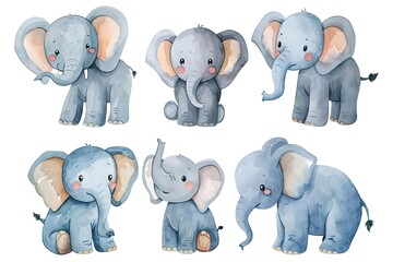 Set of cute elephant in different poses in style watercolor, playful and cheerful