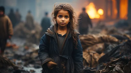 Foto op Canvas A small homeless, poor child standing alone in a garbage dump © Daniel