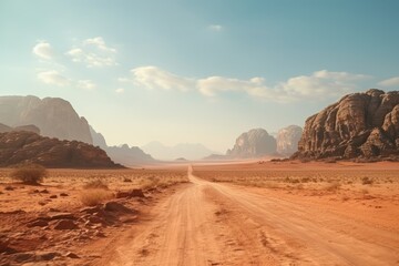 Landscape view of dusty road going far away nowhere in Wadi Rum desert Jordan - obrazy, fototapety, plakaty