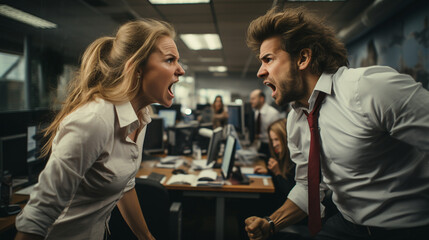 Argument at work, man and woman arguing shouting at each other - obrazy, fototapety, plakaty