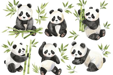 Set of panda in different poses, watercolor, green bamboo leaves - obrazy, fototapety, plakaty