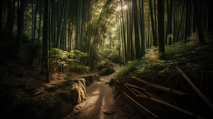 A tranquil bamboo forest landscape in Kyoto, Japan, sunlight filtering through the tall bamboo stalks, a serene pathway leading to a hidden shrine