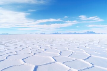 Panorama of lost islands in a sea of salt Uyuni salt flat desert Bolivia.