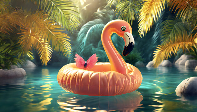 Flamingo, pool, schwimmingpool, reifen, schwimmreifen, close up, palmen, tropisch, wasser, hinetrgrund, peach, fuzz, sonne, reisen, copy space