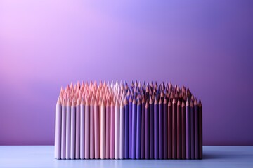 Minimalistic yet captivating arrangement of sharpened colored pencils against a lavender gradient, creating a visually appealing scene for any creative project - obrazy, fototapety, plakaty