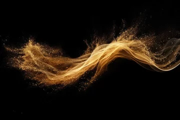 Foto op Aluminium Small size fine Sand flying explosion Golden grain wave explode. Abstract cloud fly. Yellow colored sand splash silica in Air Galaxy star universe sign symbol. Element Black background Isolated © darshika