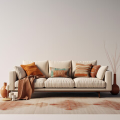 Fototapeta na wymiar neutral khaki color couch sofa with dark orange decoration pillows