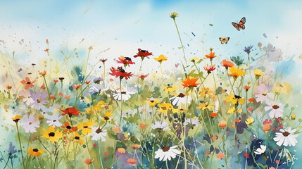 A vibrant spring meadow landscape with wildflowers in full bloom, a clear blue sky overhead