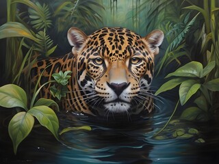 Jungle oil painting of a jaguar swimming surrounded by vegetation. Generative AI