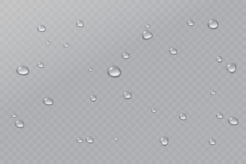 Realistic vector water drops png on a transparent light background. Water condensation on the surface with light reflection and realistic shadow. 3d vector illustration