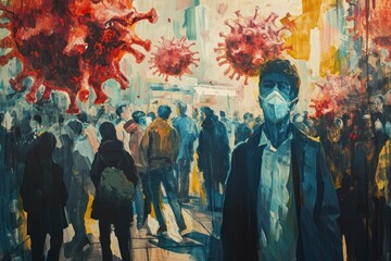 Illustration depicting a cityscape with a virus outbreak, creating a sense of urgency and emphasizing the global danger.
