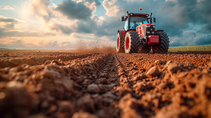 Farmer with tractor seeding - sowing crops at agricultural fields in spring
