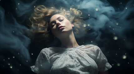 Schlafende Frau in dunkler nebulöser Umgebung mit mysteriösen leuchtenden Partikeln. Ruhige, verträumte Atmosphäre. Surreale Illustration 