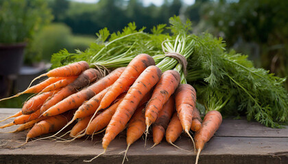 Bouquet de carottes sur la table en bois dans le jardin, jardinage et légumes frais brut dans le jardin potager - IA générative - obrazy, fototapety, plakaty