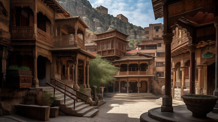 An ancient cityscape nestled in the mountains, stone buildings with intricate carvings