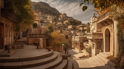 An ancient cityscape nestled in the mountains, stone buildings with intricate carvings, narrow winding streets, a central plaza with a grand fountain, conveying the historical richness 