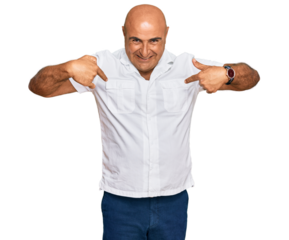 Mature middle east man with mustache wearing casual white shirt looking confident with smile on face, pointing oneself with fingers proud and happy.