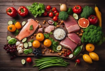 Background healthy food Fresh vegetables fruits meat and salmon on wooden table Healthy food diet Mediterranean food for healthy heart