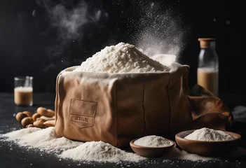 Rolgordijnen Bag with flour and sifting flour on black background Cooking baking cooking bread concept in dark room © FrameFinesse