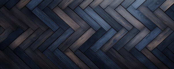 Navy oak wooden floor background. Herringbone pattern parquet backdrop