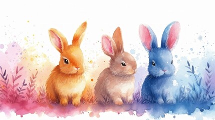 Obraz premium Cute bunnies in a row in pastel colors illustration. Bunny clipart. Watercolor style background.