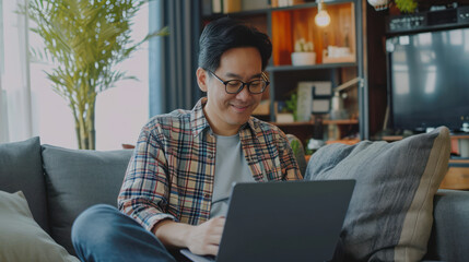 happy asian man working on computer on sofa at home 