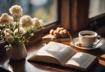 Coffee cup open book cookies and flower on window with bokeh Reading and breakfast Concept warm and cozy home of caffe