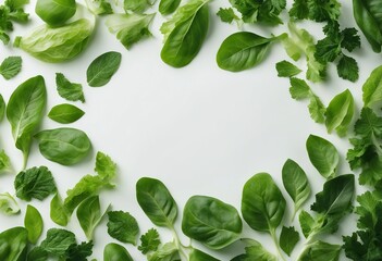 Frame made of different salad leaves on white surface Salad leaf background Creative food concept...
