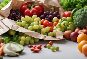 Delivery healthy food background Vegetarian food in paper bag vegetables and fruits on table