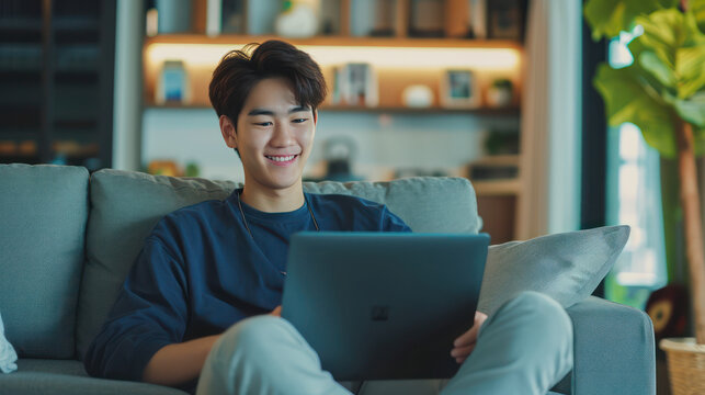 asian man in blue  navy shirt  sitting on blue  sofa with laptop - Powered by Adobe