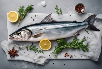 Big fresh raw fish Mackerel with salt lemon and spices on gray background Cooking fish with herbs Top view