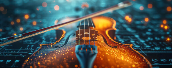 Abstract panoramic close up view of the violin. Concept of classical and ai generated music.