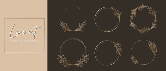Botanical golden circle frame set. Hand drawn round line border, leaves and flowers for wedding invitation and cards, logo design, social media and posters template. Elegant minimal floral vector.
