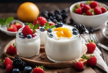 Fresh yogurt Breakfast with yogurt with fruits and berries Healthy food concept Nutrition and health benefits of fresh breakfast