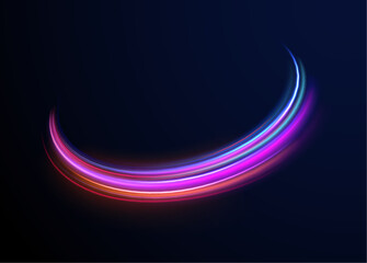 Car road silhouette with light and motion effect. Vector image of colorful light trails with motion blur effect, long time exposure isolated on background.	