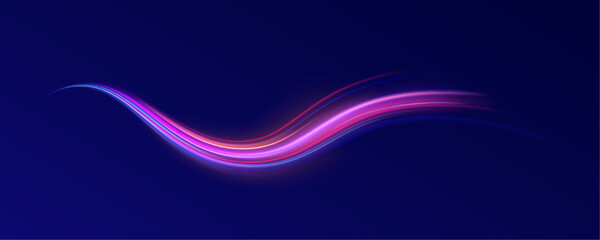 Abstract rotational border lines. Power energy. LED glare tape. Futuristic dynamic motion technology. Neon color glowing lines background, high-speed light trails effect. Purple glowing wave swirl.	