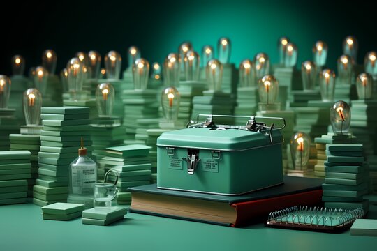 Neat composition showcasing school textbooks and paper clips on a pastel green desk