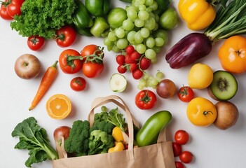 Healthy food background Healthy food in paper bag vegetables and fruits on white Vegetarian food delivery