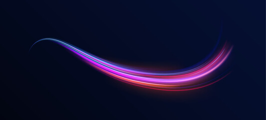 Abstract rotational border lines. Power energy. LED glare tape. Futuristic dynamic motion technology. Neon color glowing lines background, high-speed light trails effect. Purple glowing wave swirl.	