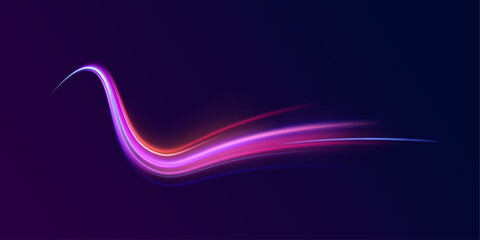 Lines in the shape of a comet against a dark background. Illustration of high speed concept. Motion light effect for banners. The effect of speed on a blue background.	