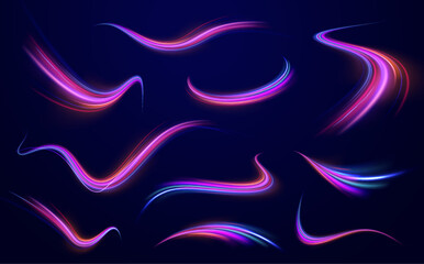 Fototapeta premium Expressway, car headlight effect. Speed connection vector background. Acceleration speed motion on night road. 