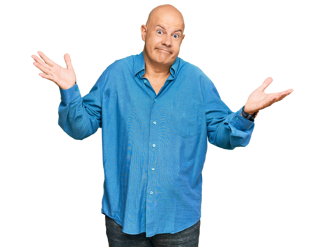 Middle age bald man wearing casual clothes clueless and confused expression with arms and hands raised. doubt concept.