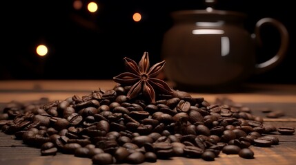 Coffee beans and anise star on wooden table with dark background